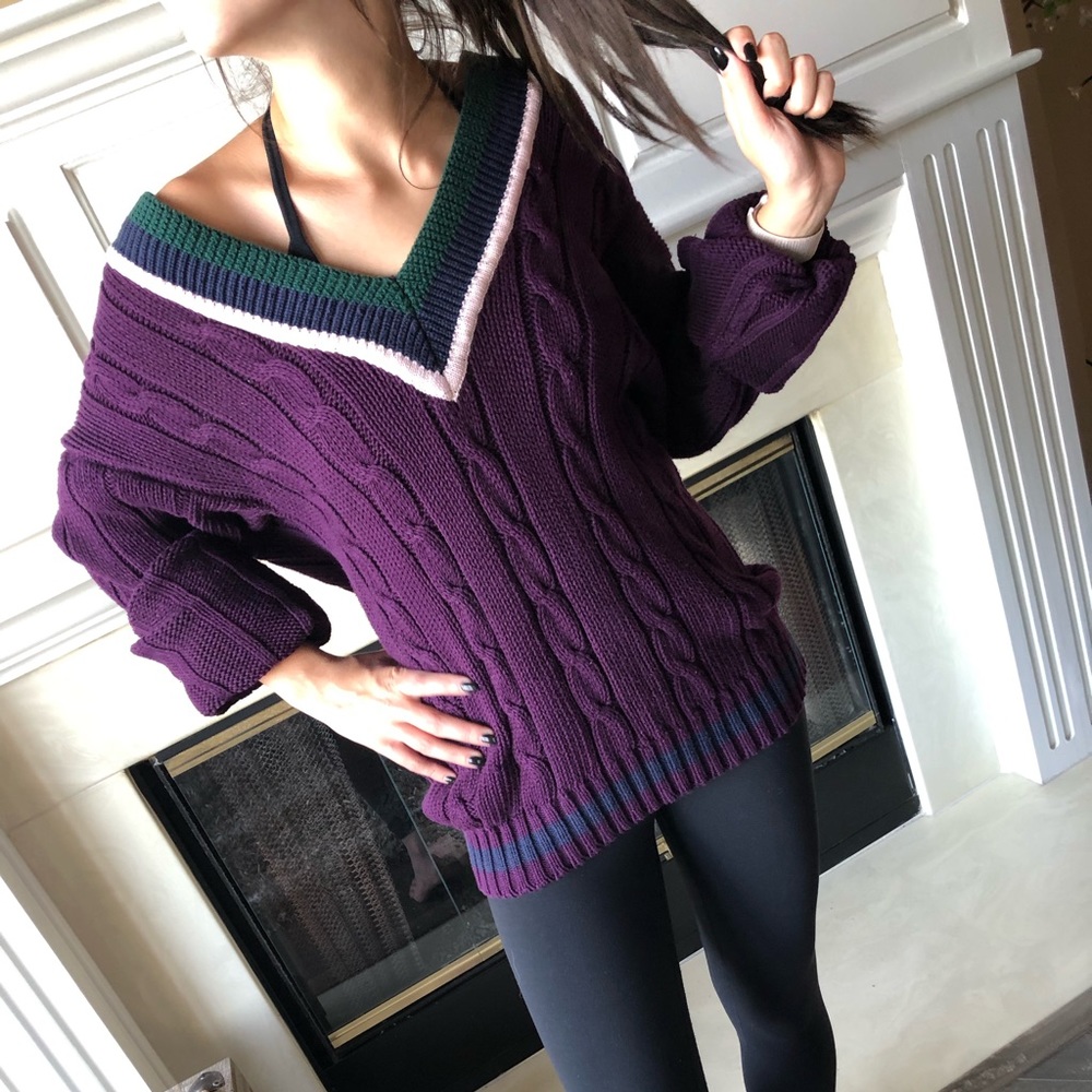 90s VTG purple cable knit cotton v neck sweater